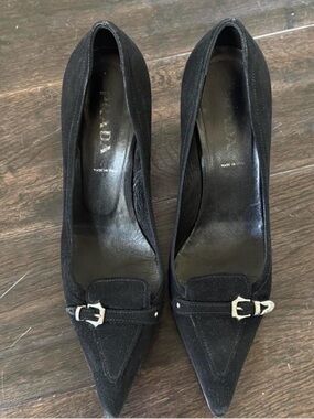 Vintage Prada Black Suede Pointed-Toe Pumps with Silver Buckle Accent Size 36
